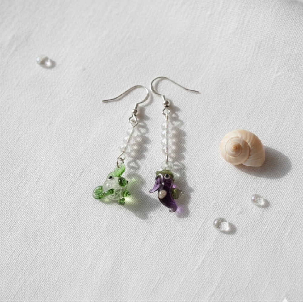 Fish & Seahorse 3" Dangle Earrings Artisan Glass Green Purple Pierced Mismatch